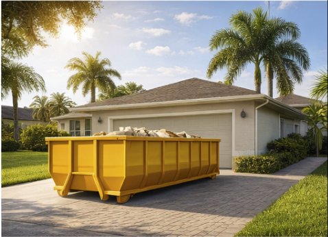 Affordable roll-off dumpster rental on residential driveway in Ocala FL