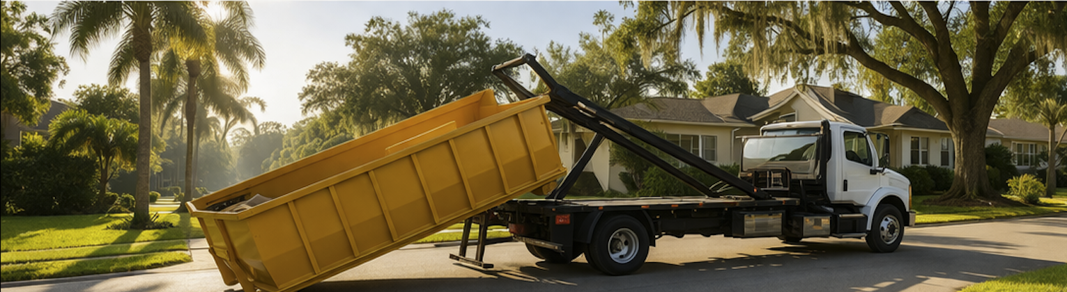 Roll-off dumpster delivery truck serving Ocala Florida neighborhoods