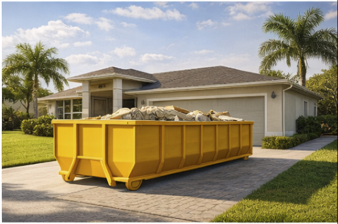 Dumpster rental on Florida home driveway with palm tree in Ocala FL