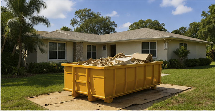 Residential dumpster loaded with construction debris in Ocala FL