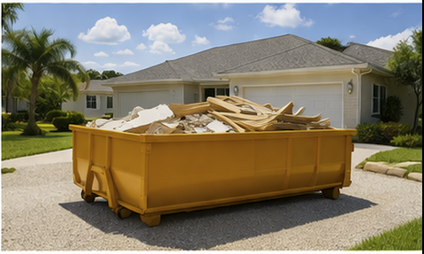 Residential dumpster rental with palm trees in Marion County FL