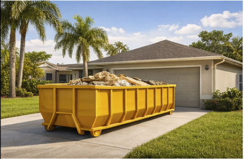 Roll-off dumpster rental next to garage in Ocala Florida